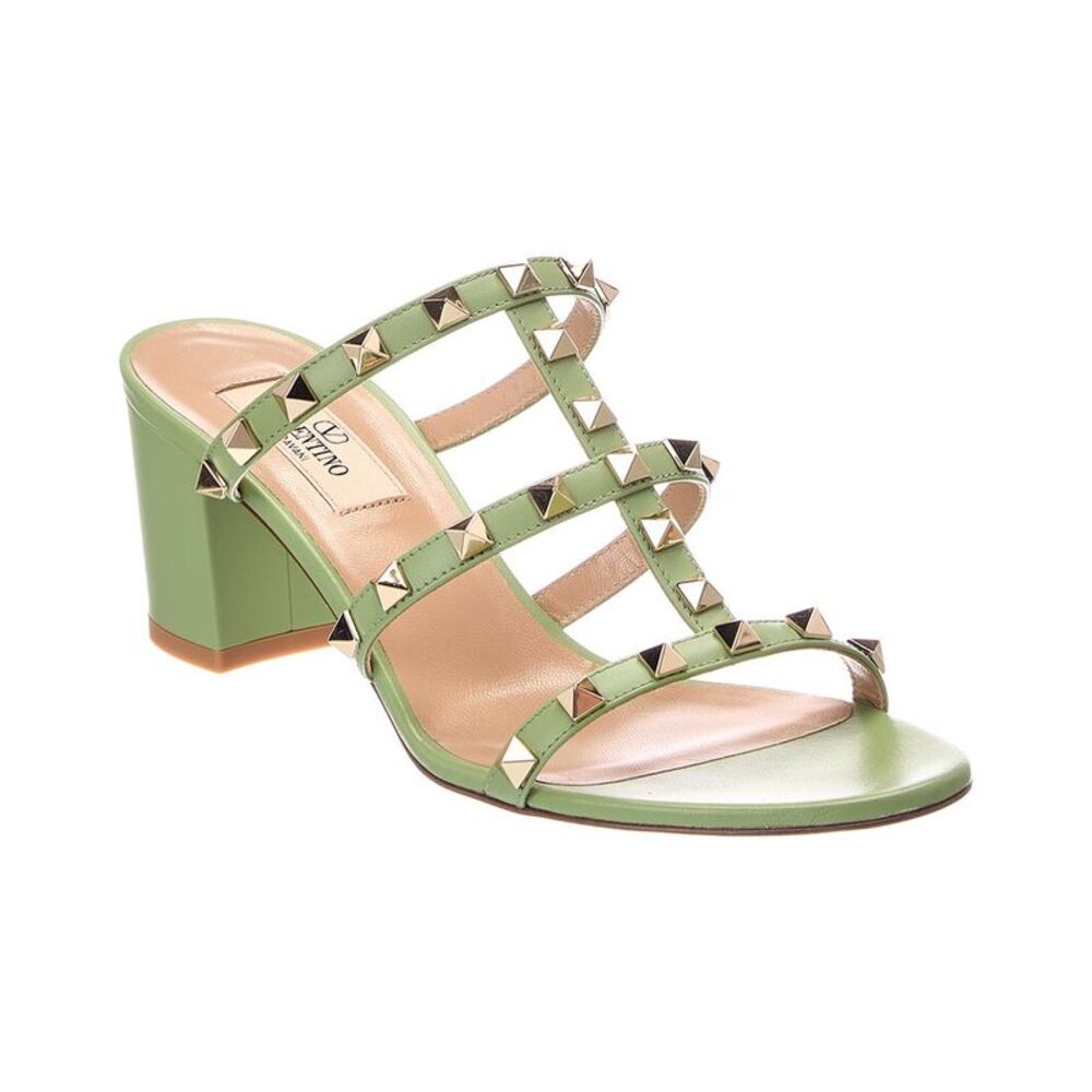 Valentino Rockstud Caged 64 Leather Sandal, Green